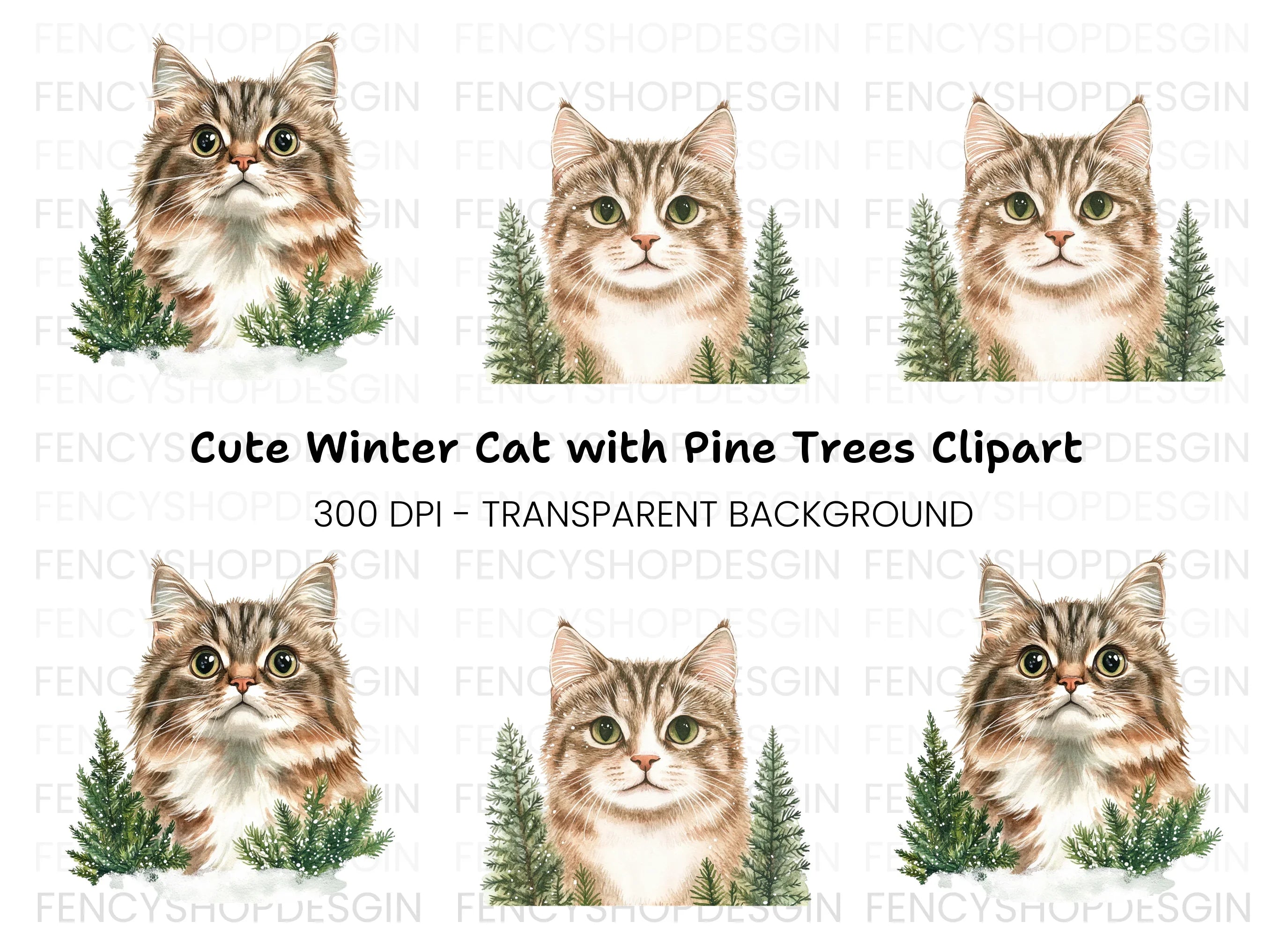 Winter Cats and Pine Trees Clipart Bundle