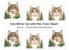 Winter Cats and Pine Trees Clipart Bundle