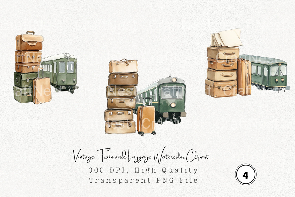 Vintage Train And Luggage Clipart Bundle