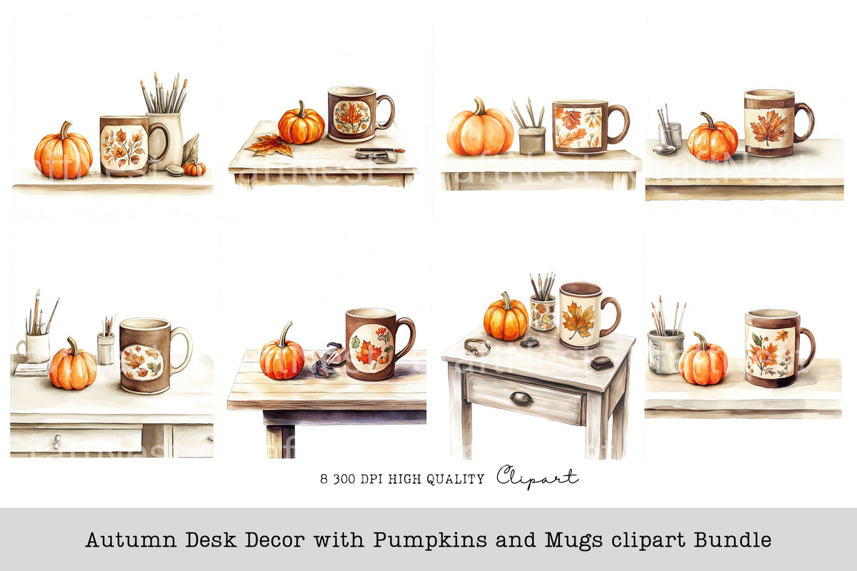 Autumn Desk Decor With Pumpkins And Mugs Clipart Bundle