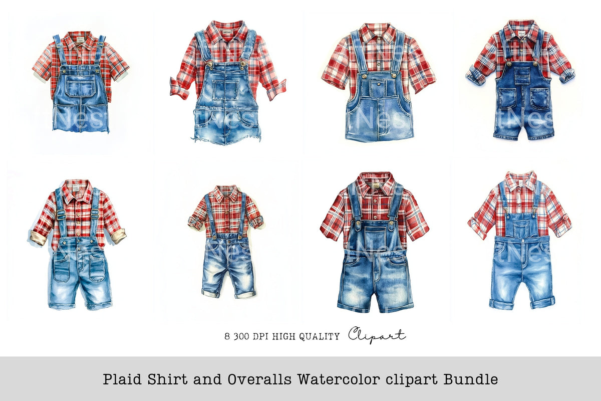 Plaid Shirt And Overalls Clipart Bundle
