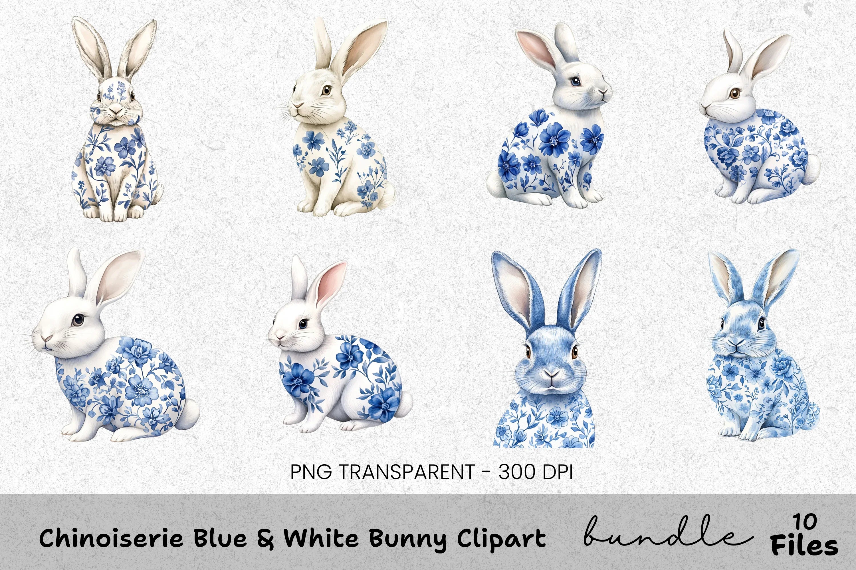 Chinoiserie Blue White Bunny Clipart Bundle