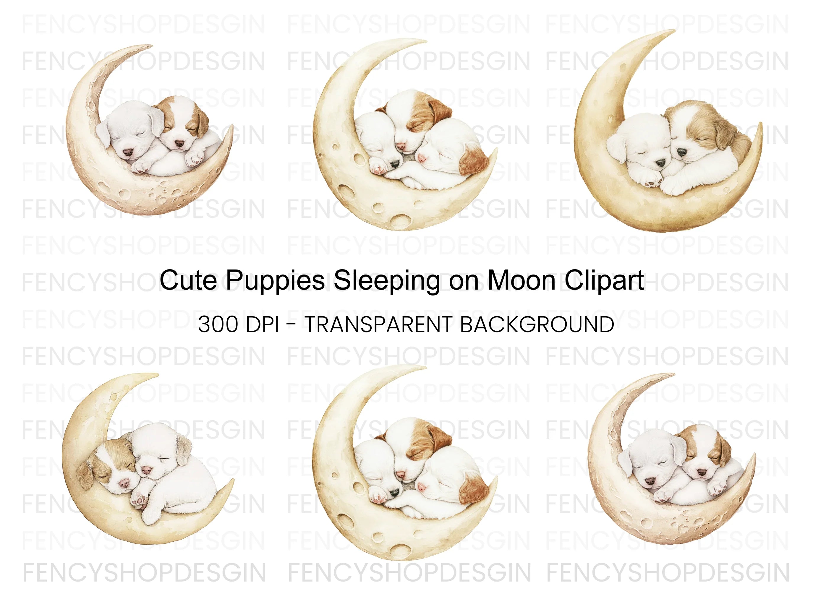 Sleeping Puppies on Moon Clipart Bundle