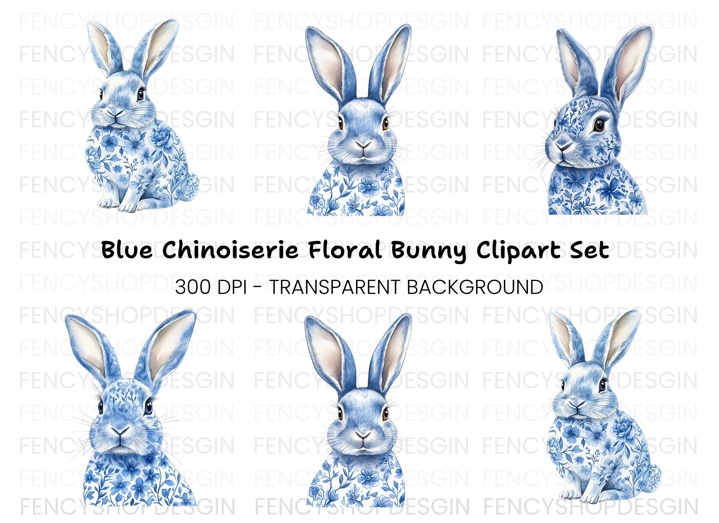 Blue Floral Patterned Rabbit Clipart Bundle