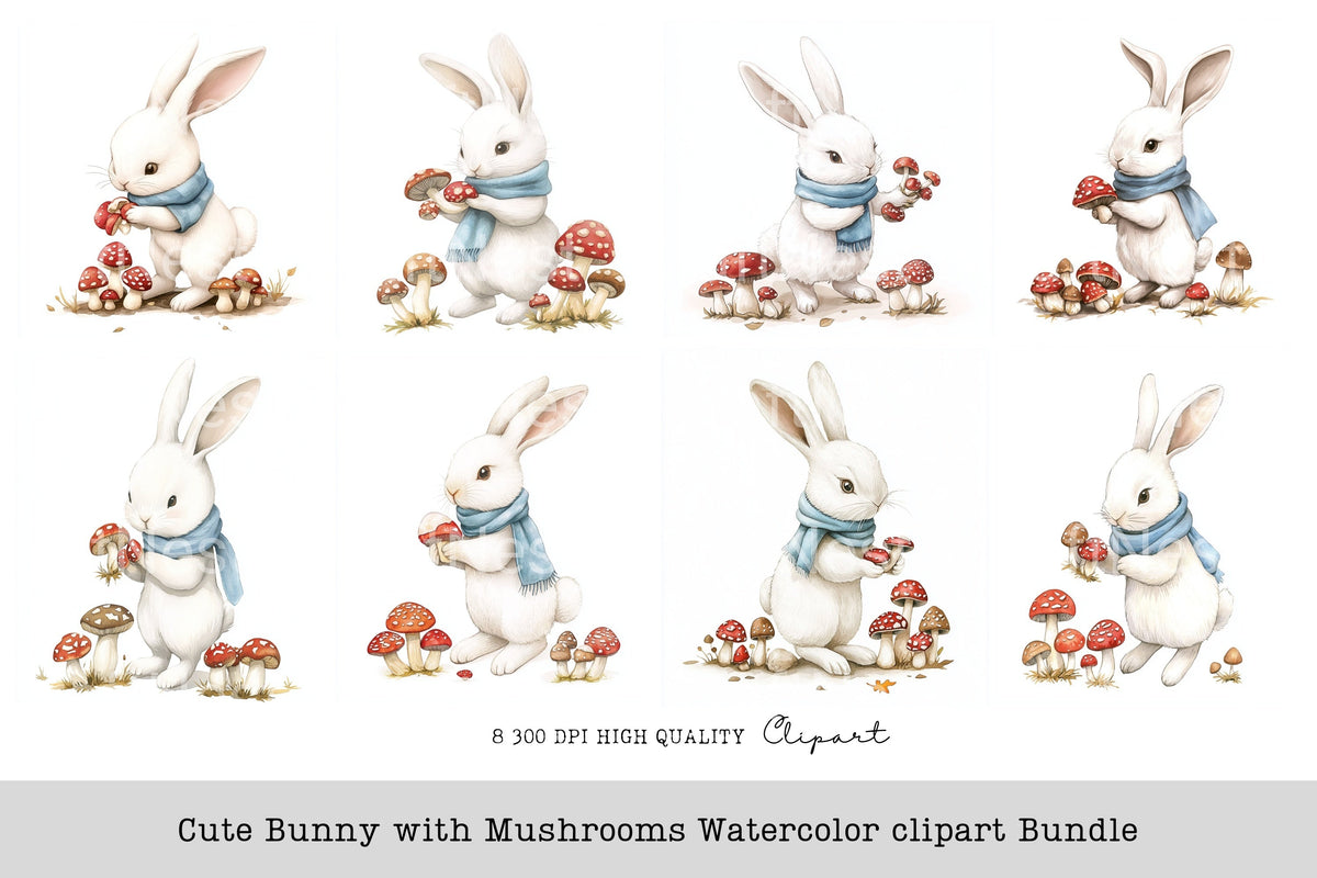 Cute Bunny With Mushrooms Clipart Bundle