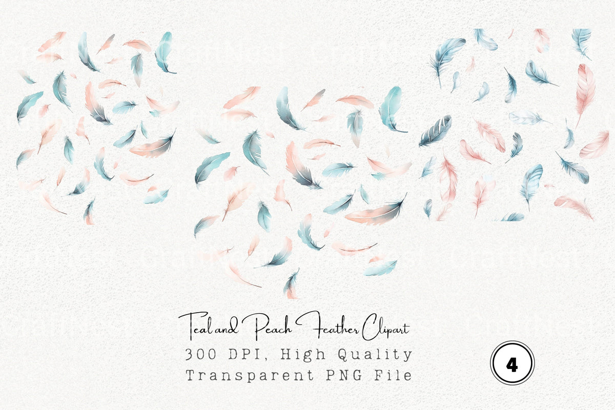 Teal And Peach Feather Clipart Bundle