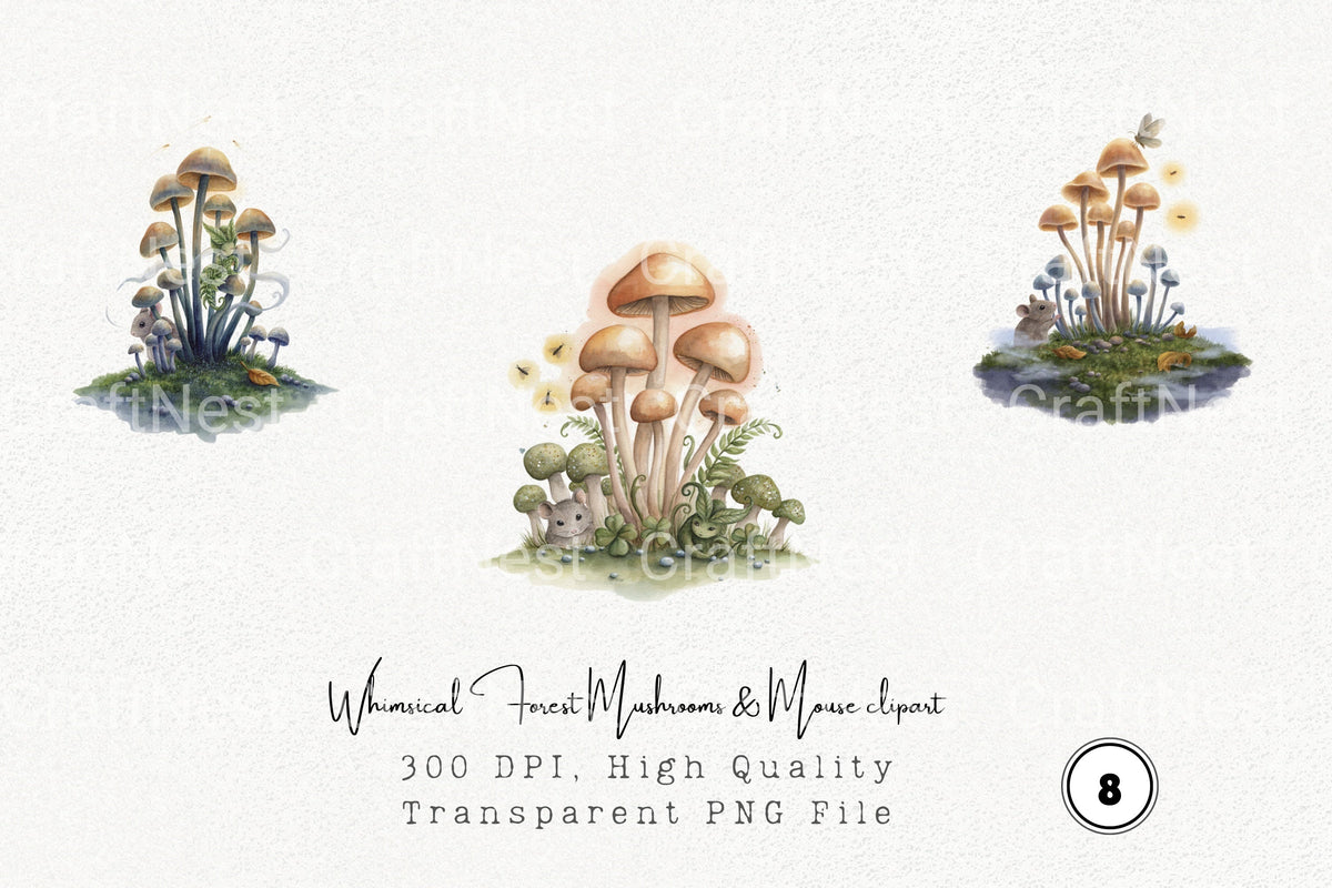 Whimsical Forest Mushrooms Mouse Clipart Bundle