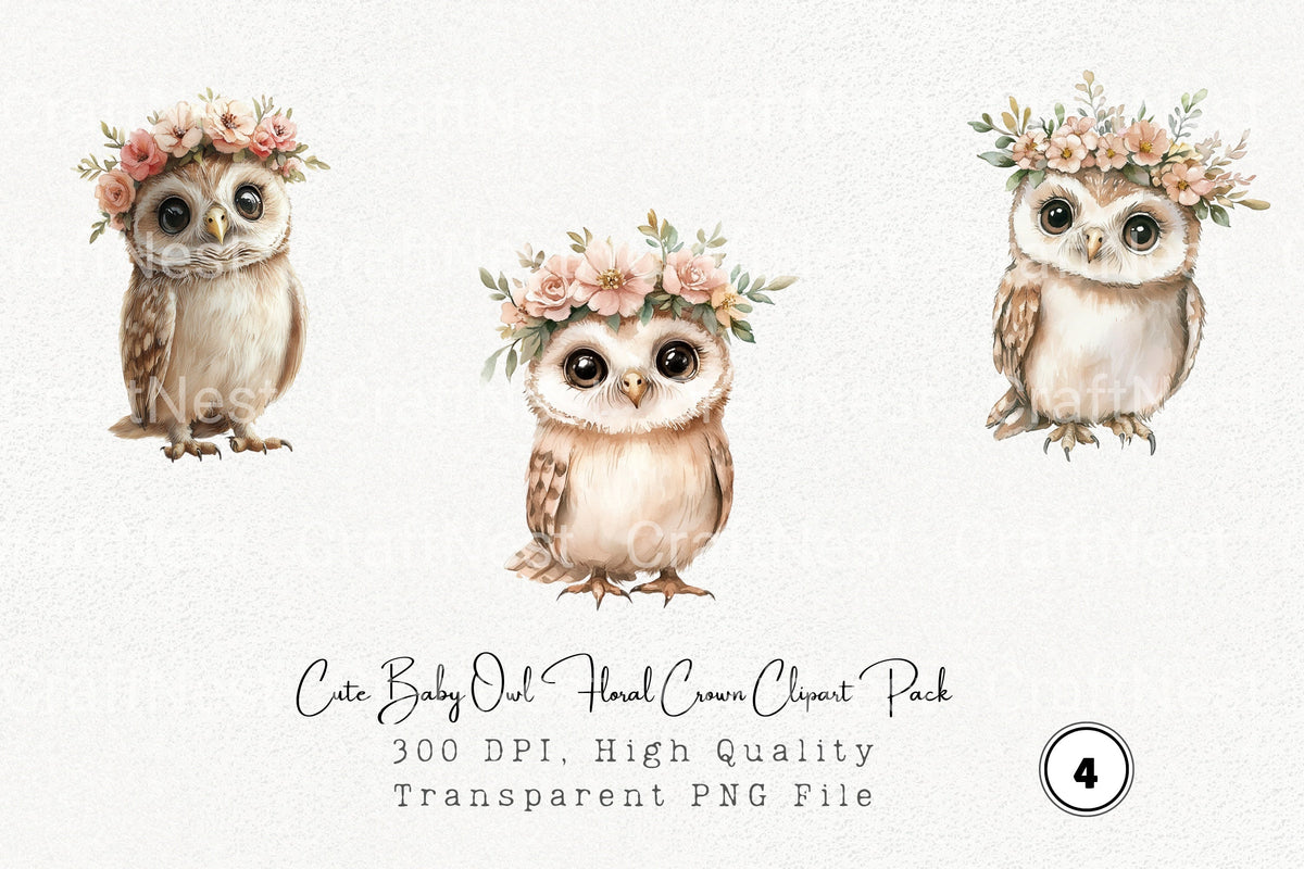 Cute Baby Owl Floral Crown Clipart Bundle