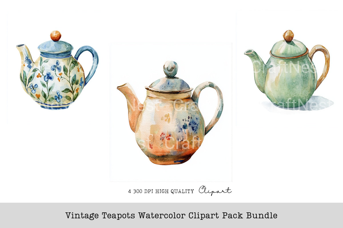Vintage Teapots Clipart Bundle