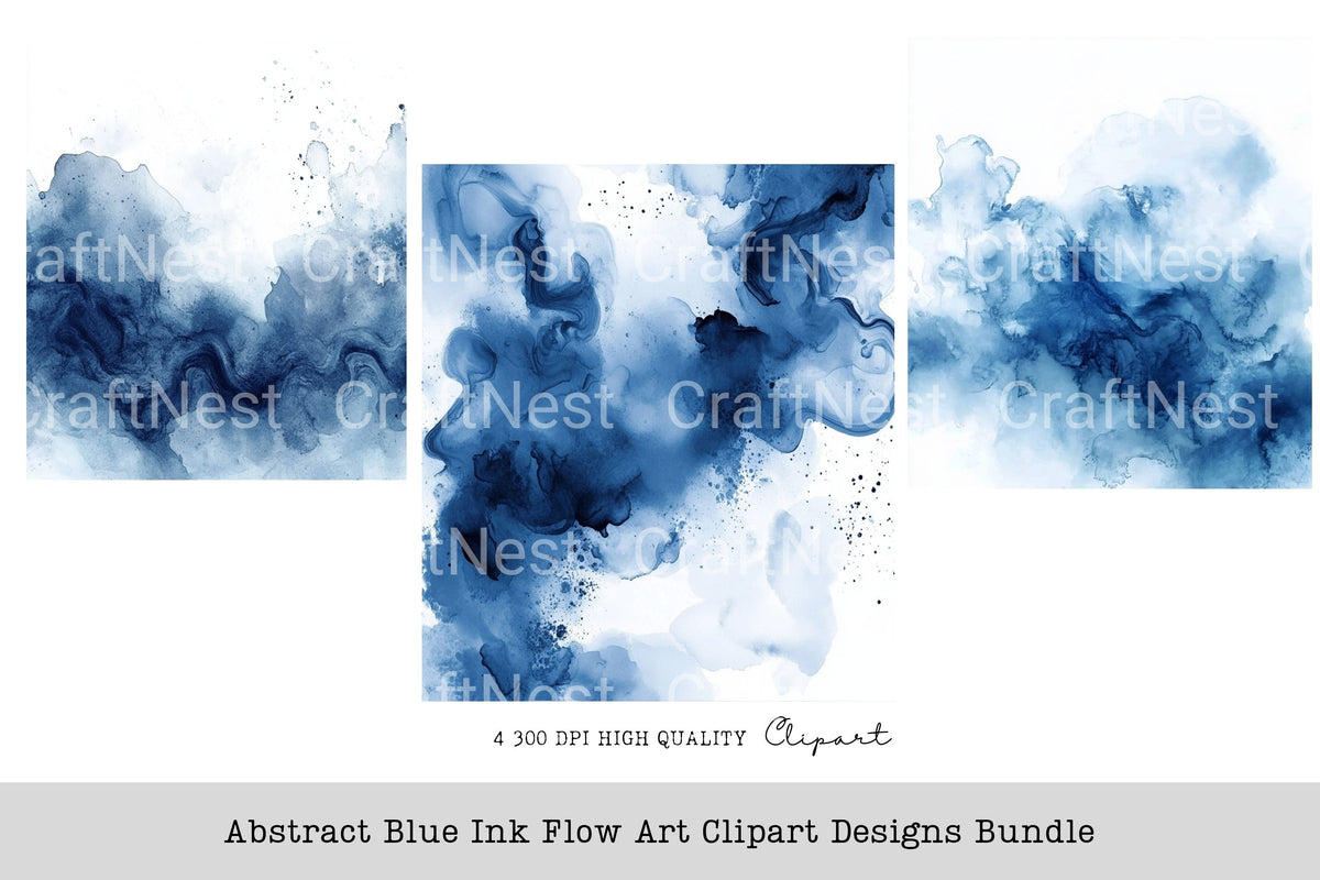 Abstract Blue Ink Flow Designs Clipart Bundle