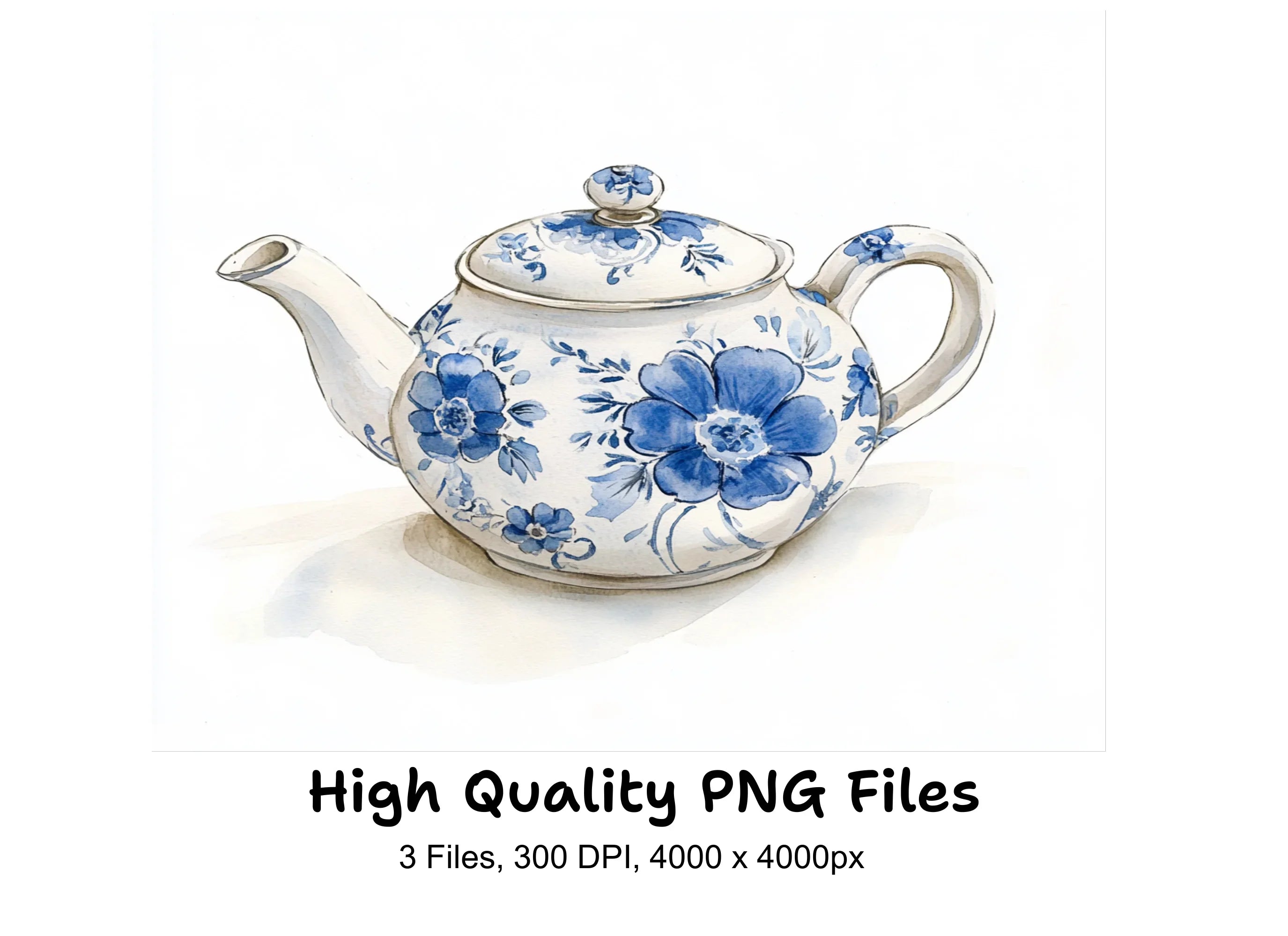 Chinoiserie Blue Floral Teapots Clipart Bundle