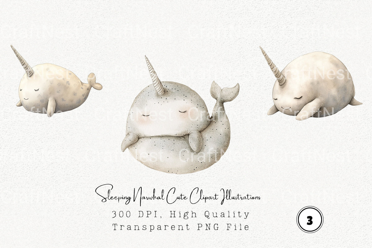 Sleeping Narwhal Cute Illustrations Clipart Bundle