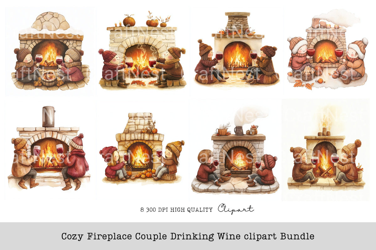 Cozy Fireplace Couple Drinking Wine Clipart Bundle
