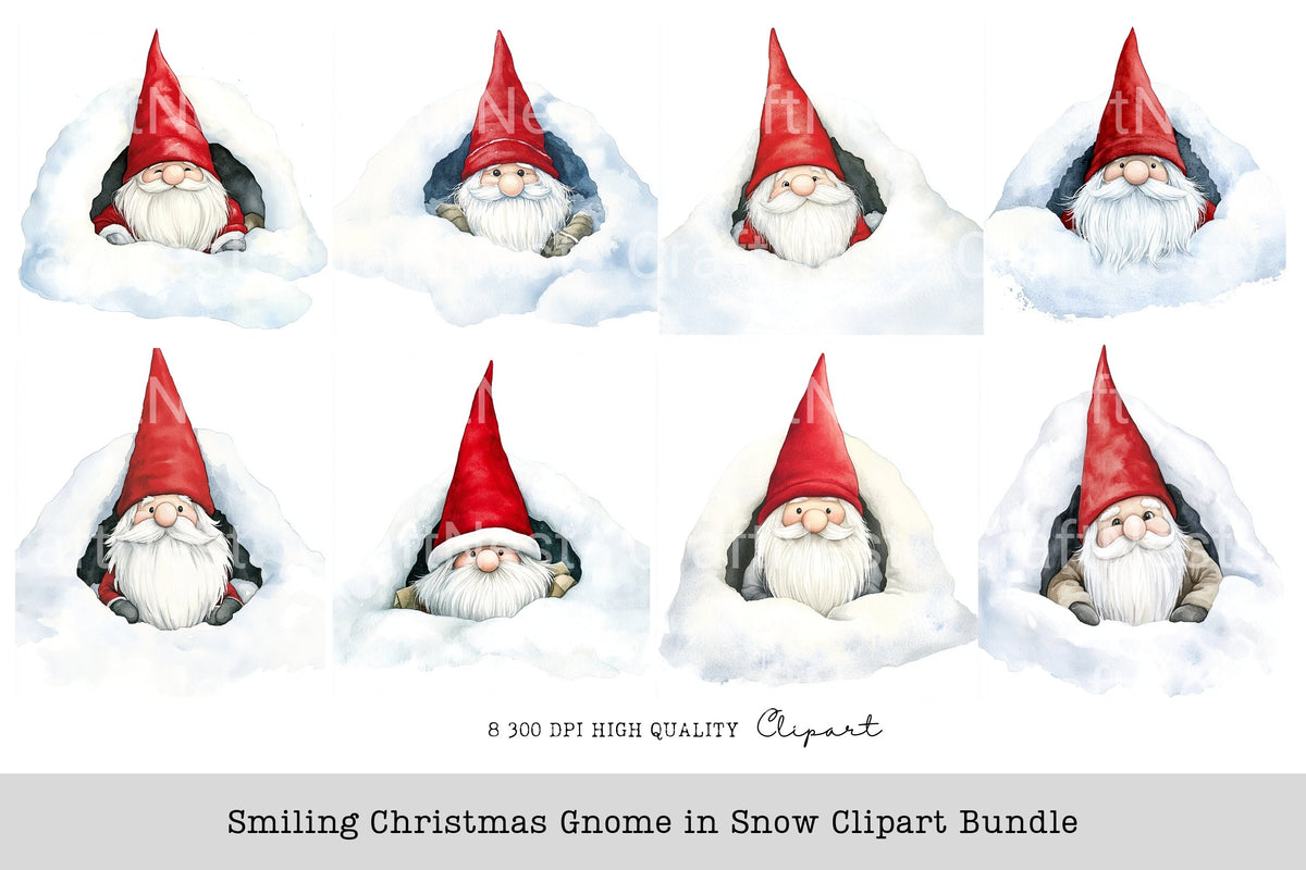 Smiling Christmas Gnome In Snow Clipart Bundle