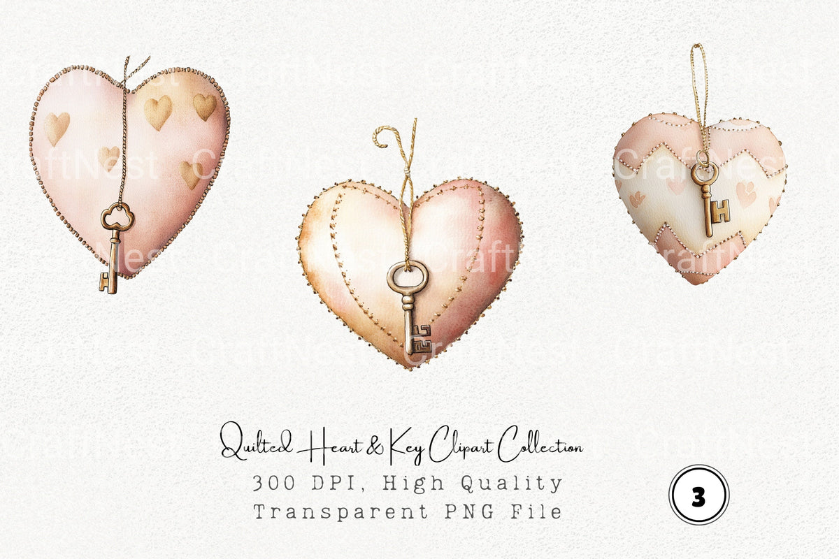 Quilted Heart Key Clipart Bundle