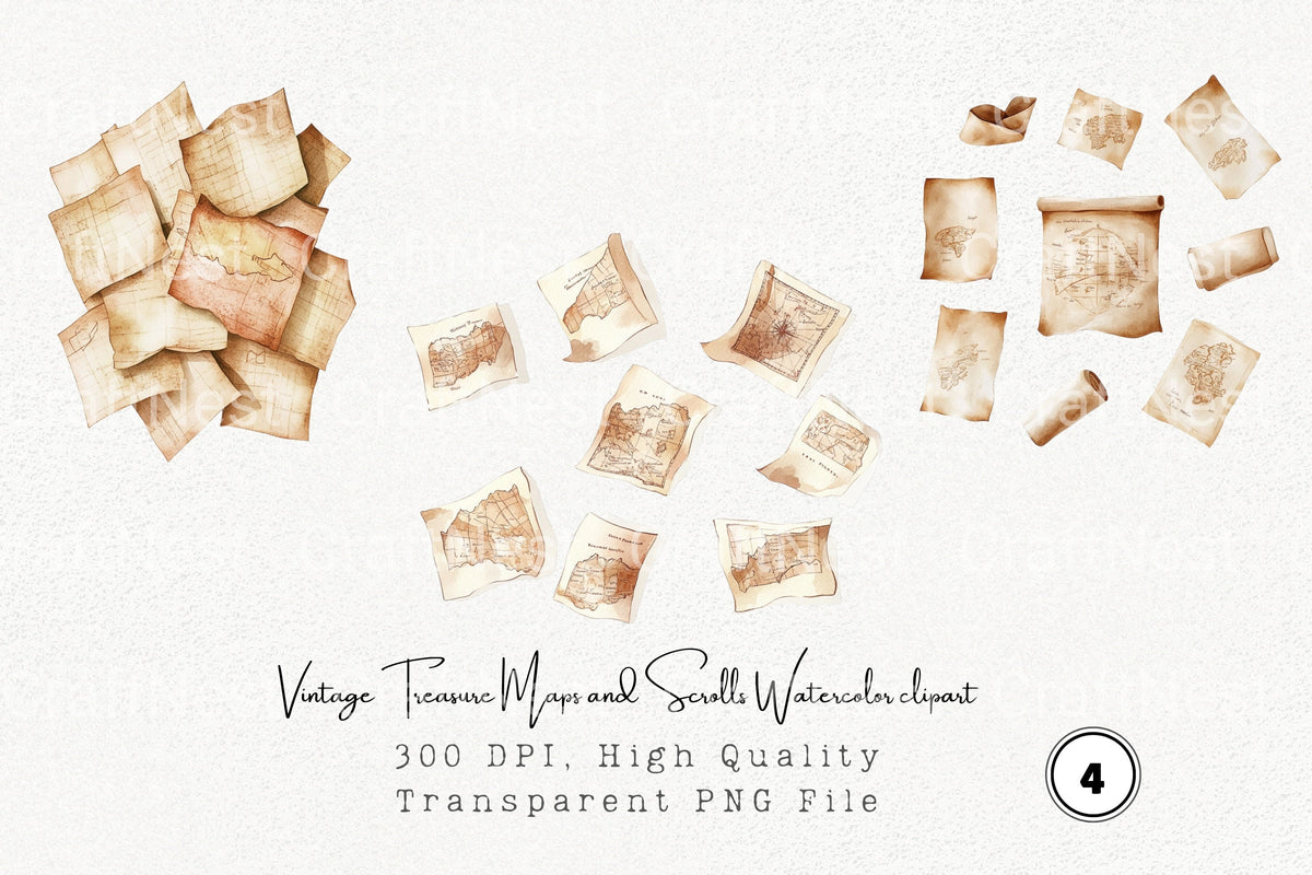 Vintage Treasure Maps And Scrolls Clipart Bundle
