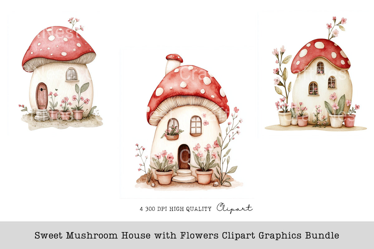 Sweet Mushroom House With Flowers Graphics Clipart Bundle