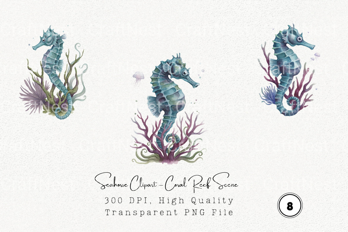 Seahorse Coral Reef Scene Clipart Bundle