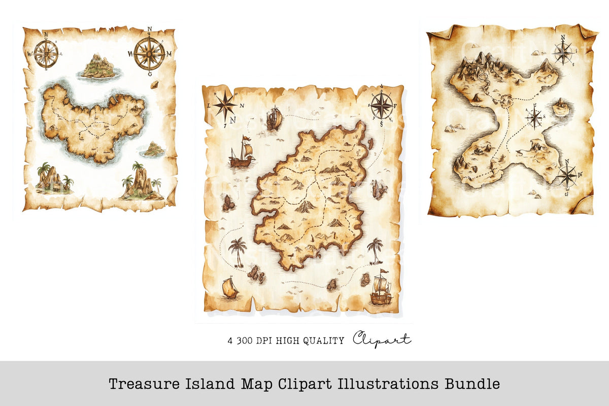 Treasure Island Map Illustrations Clipart Bundle