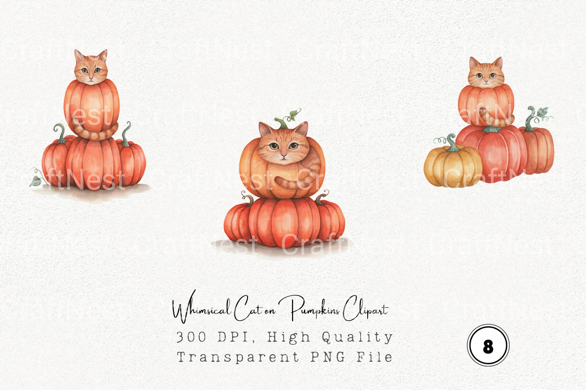 Whimsical Cat On Pumpkins Clipart Bundle