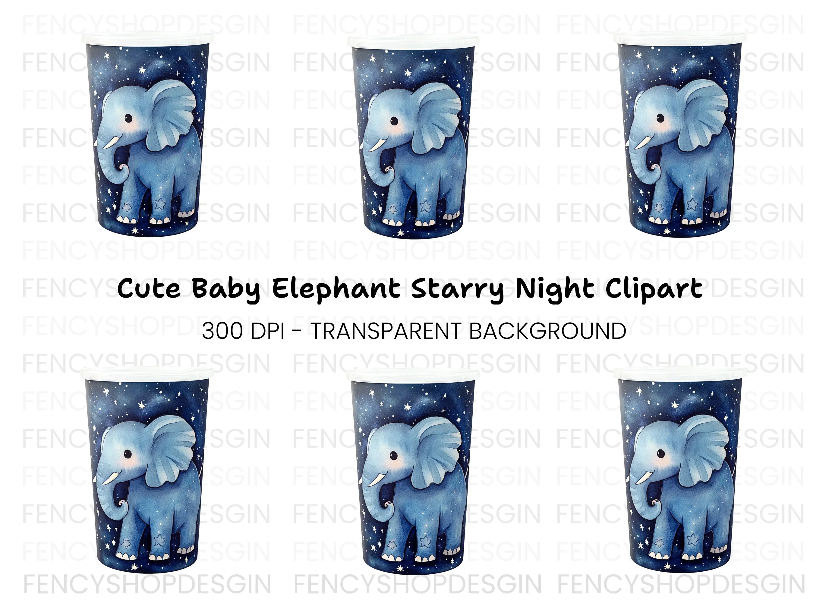Cute Elephant in Starry Night Clipart Bundle