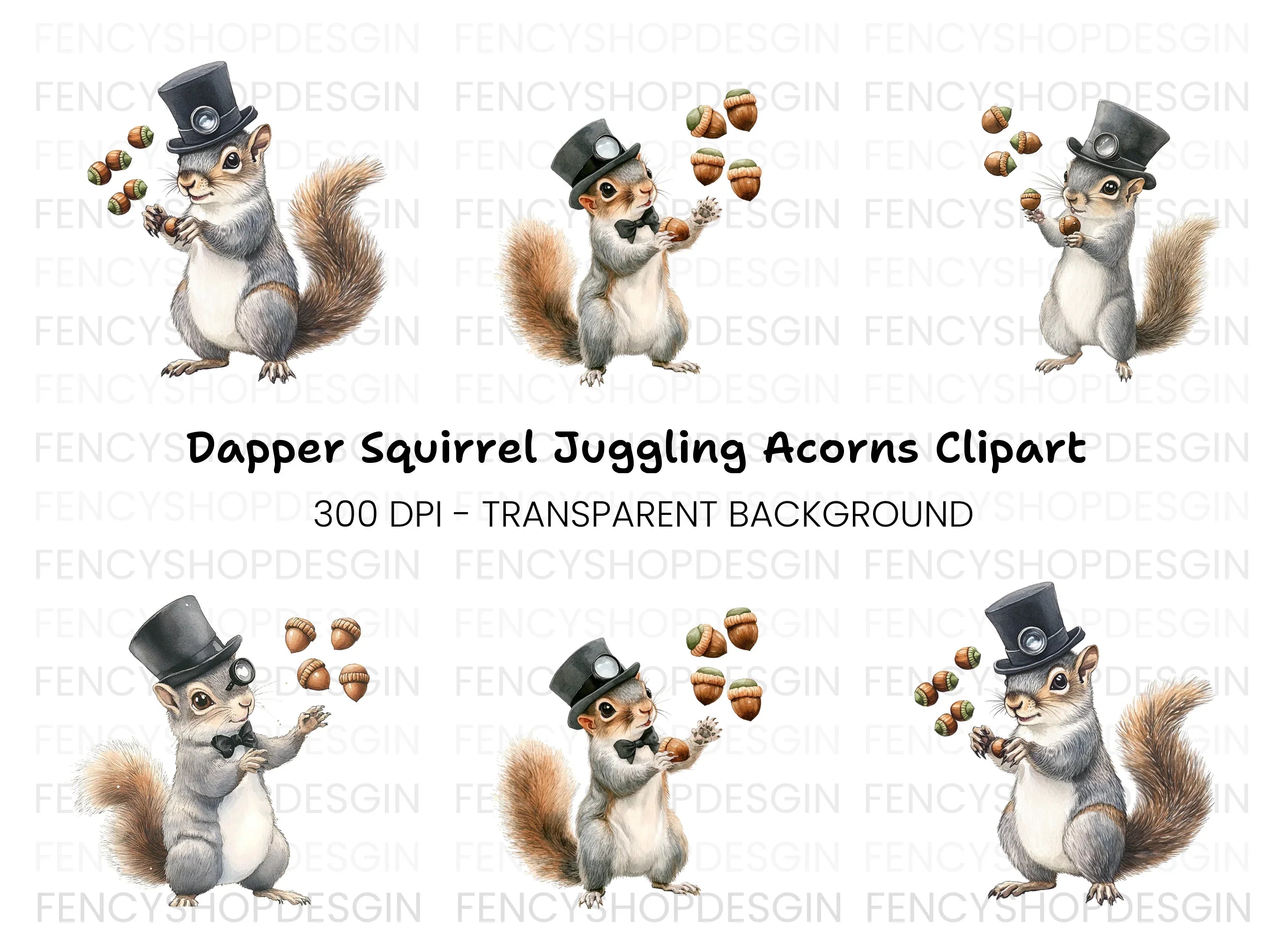 Squirrel with Top Hat and Acorns Clipart Bundle