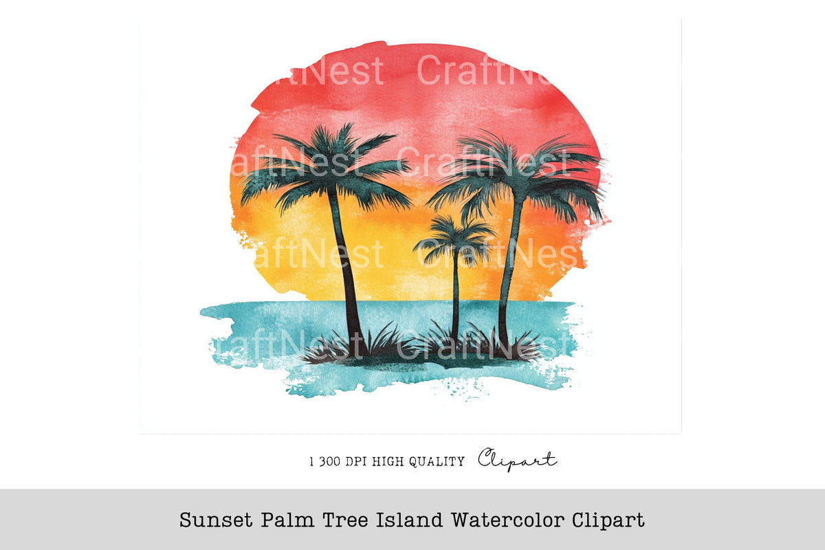 Sunset Palm Tree Island Clipart Bundle