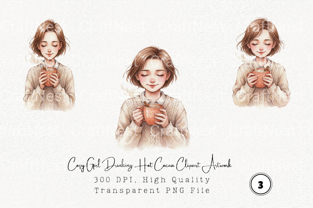 Cozy Girl Drinking Hot Cocoa Artwork Clipart Bundle