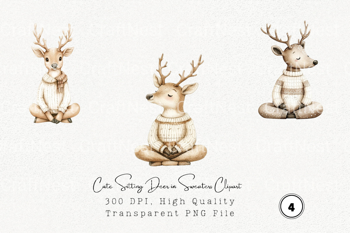 Cute Sitting Deer In Sweaters Clipart Bundle