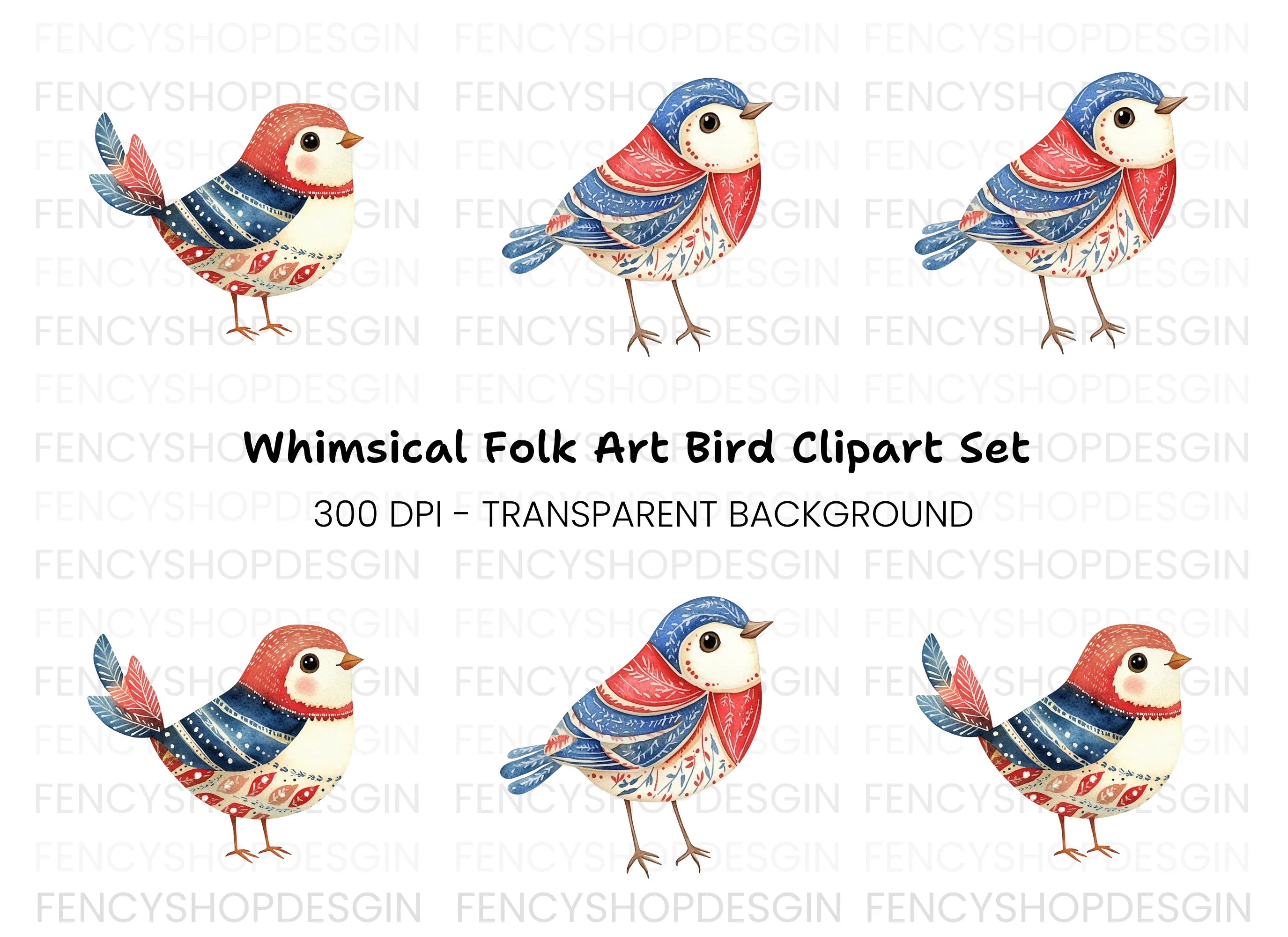 Adorable Folk Birds Clipart Bundle