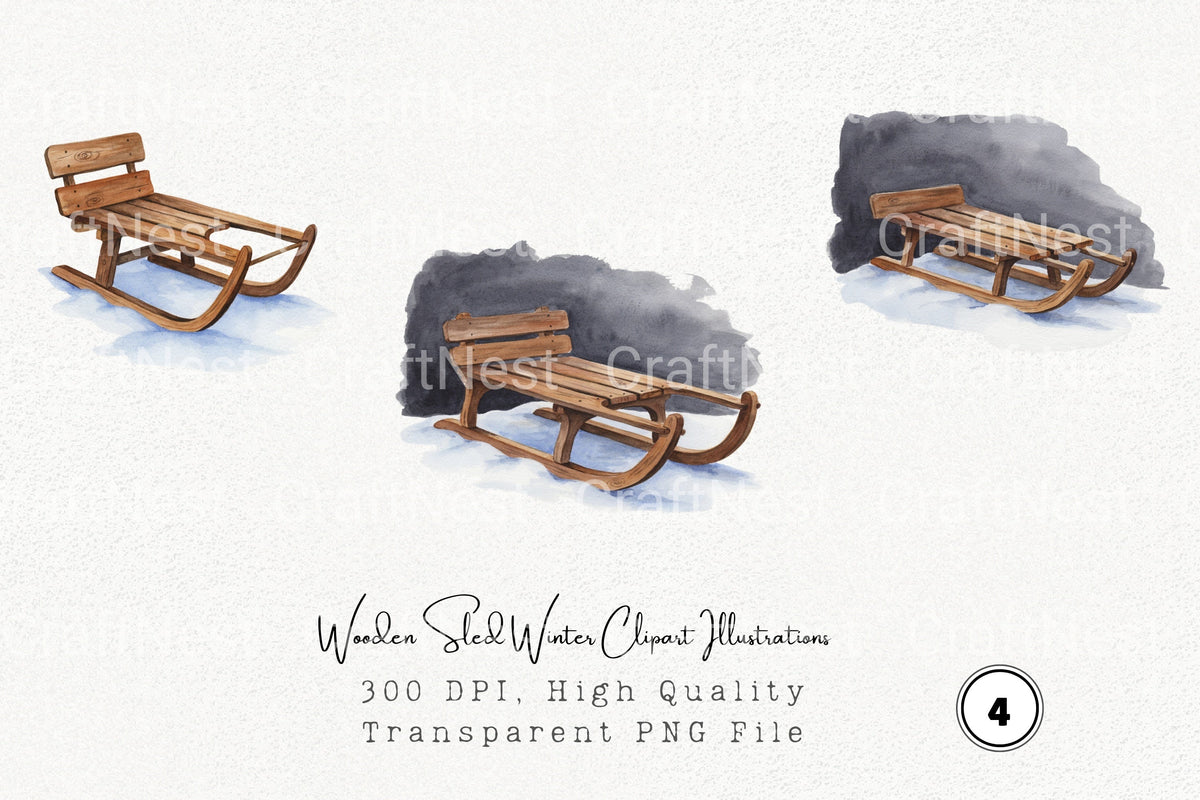 Wooden Sled Winter Illustrations Clipart Bundle