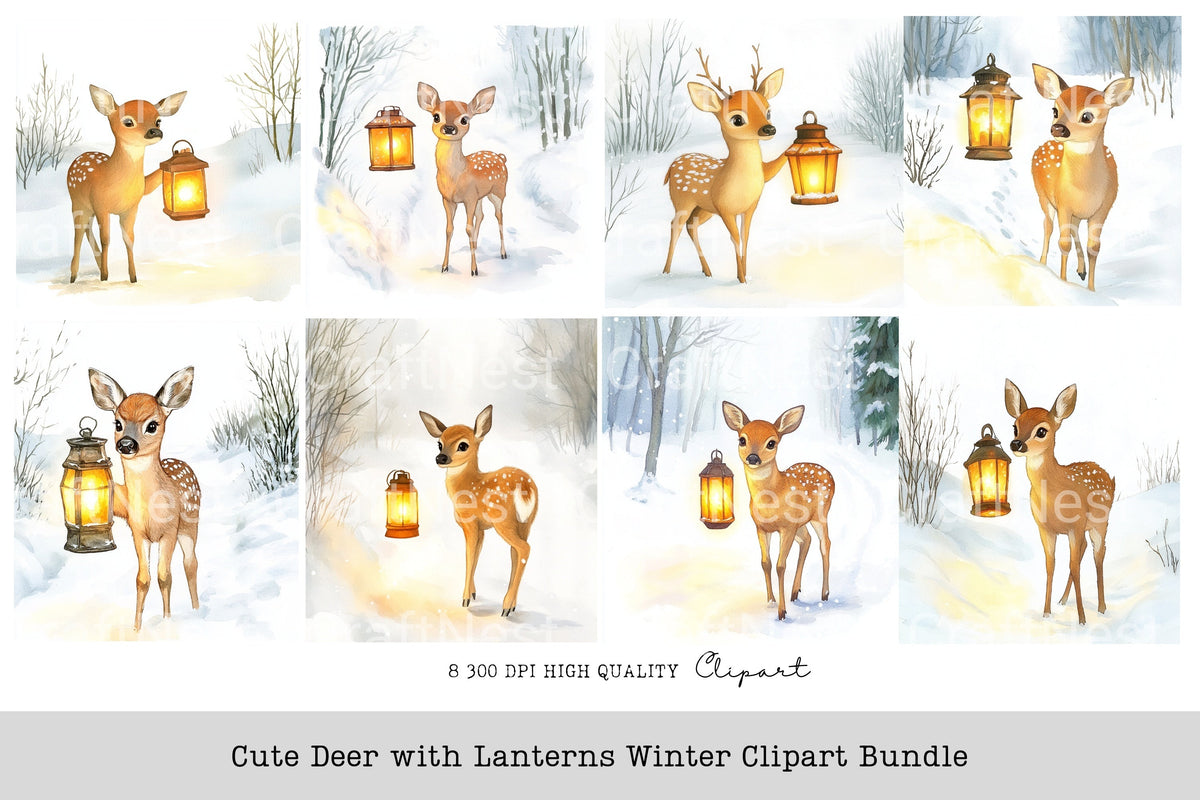 Cute Deer With Lanterns Winter Clipart Bundle