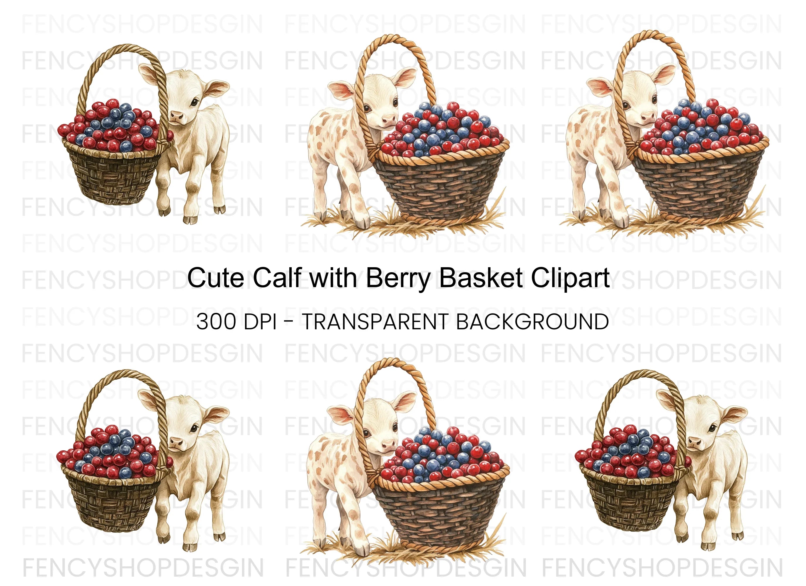 Cute Calf with Berry Basket Clipart Bundle