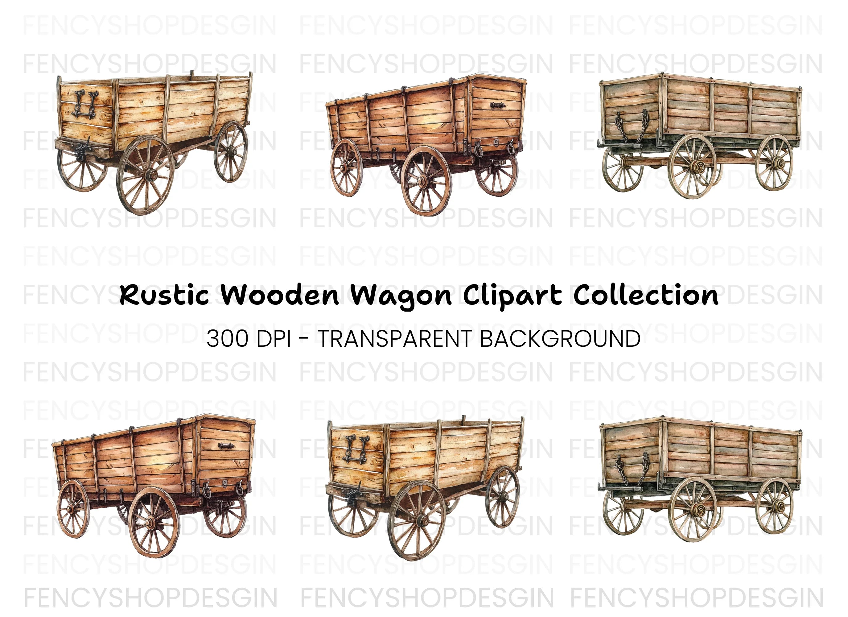 Vintage Wooden Wagon Clipart Bundle