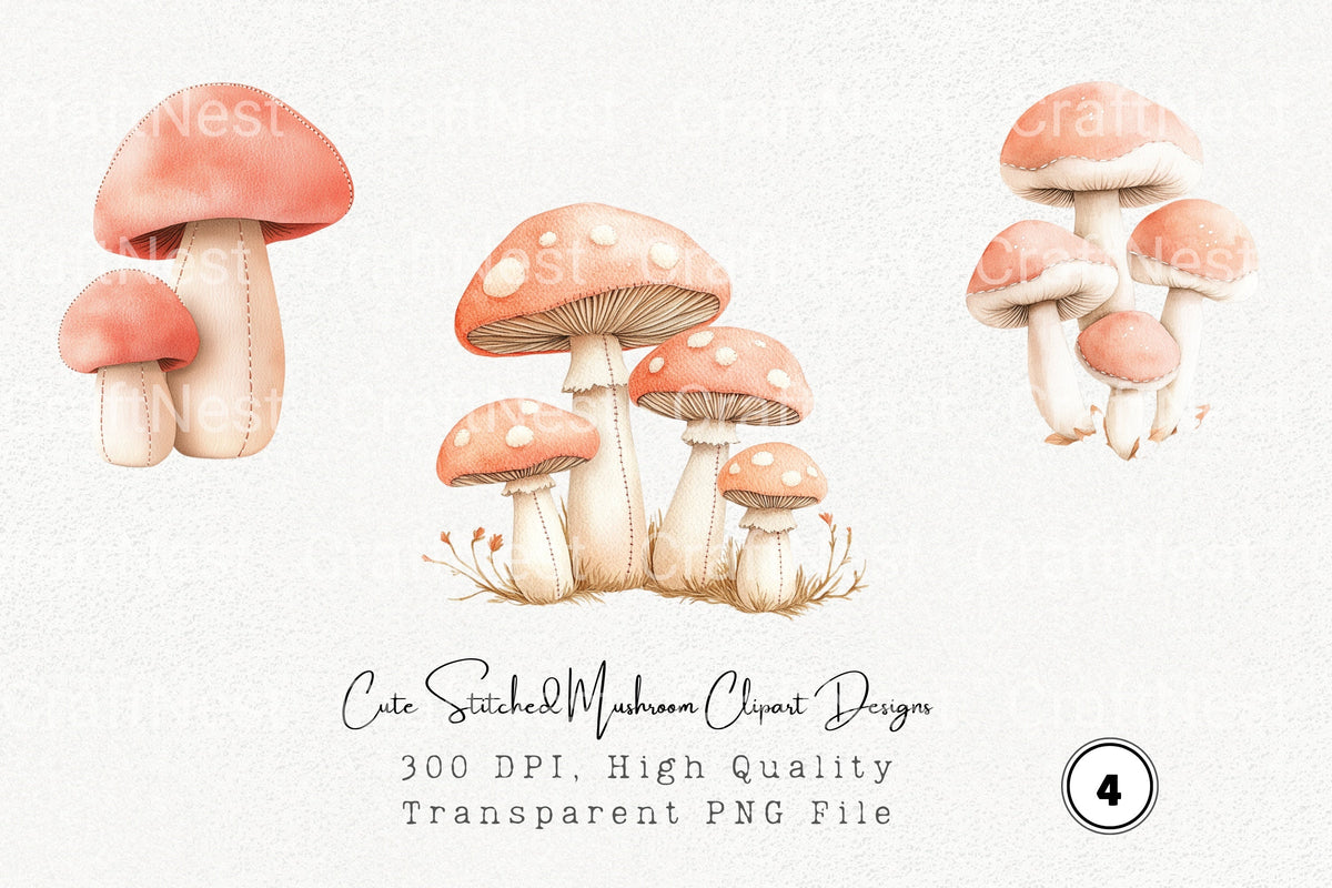 Cute Stitched Mushroom Designs Clipart Bundle