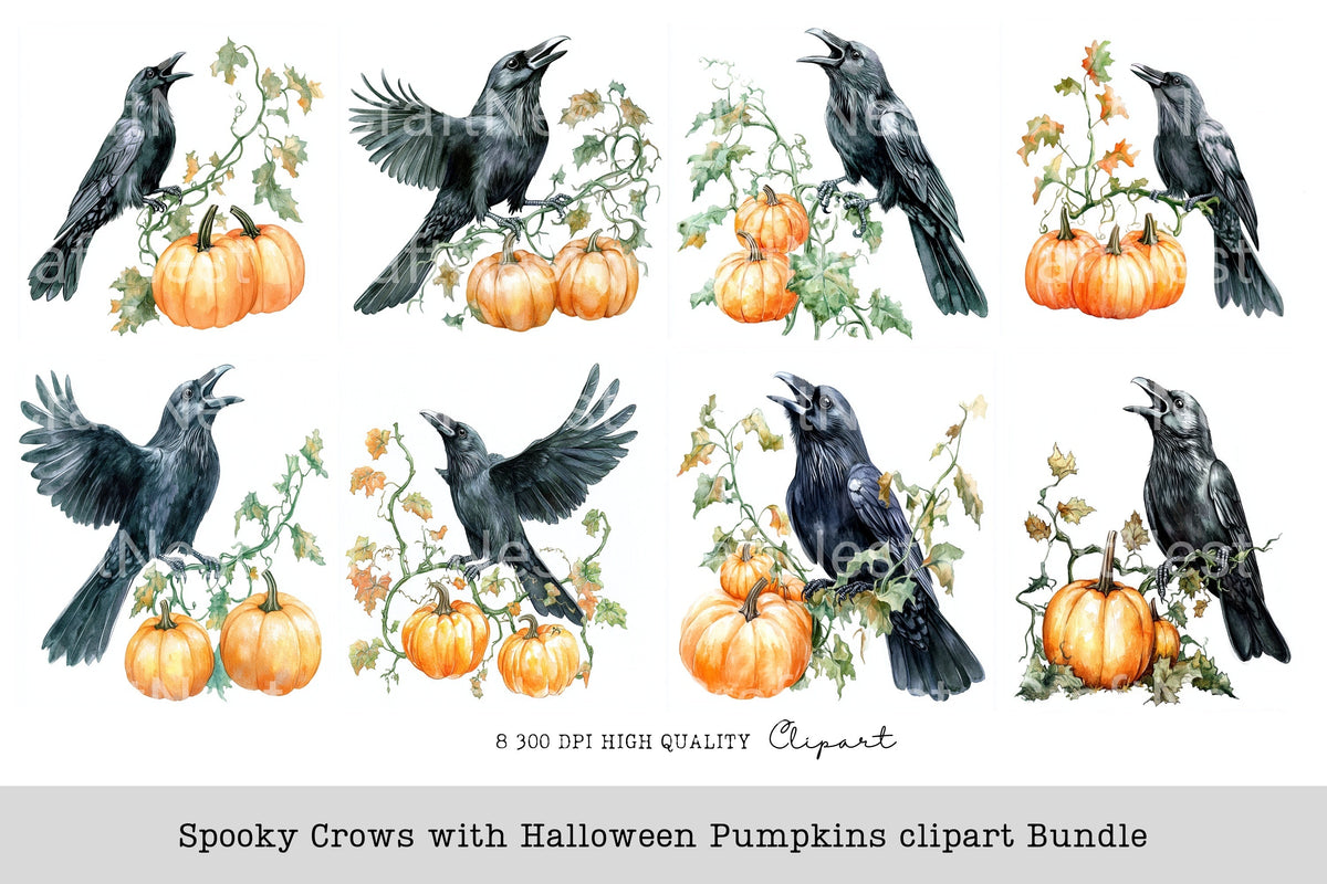 Spooky Crows With Halloween Pumpkins Clipart Bundle