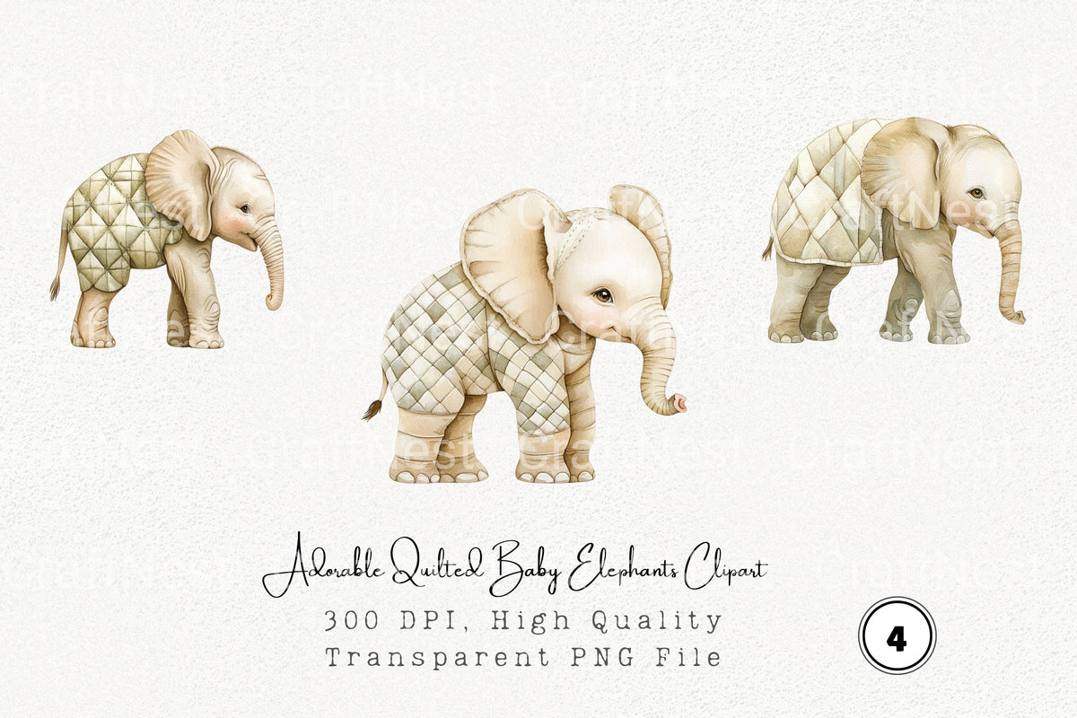 Adorable Quilted Baby Elephants Clipart Bundle