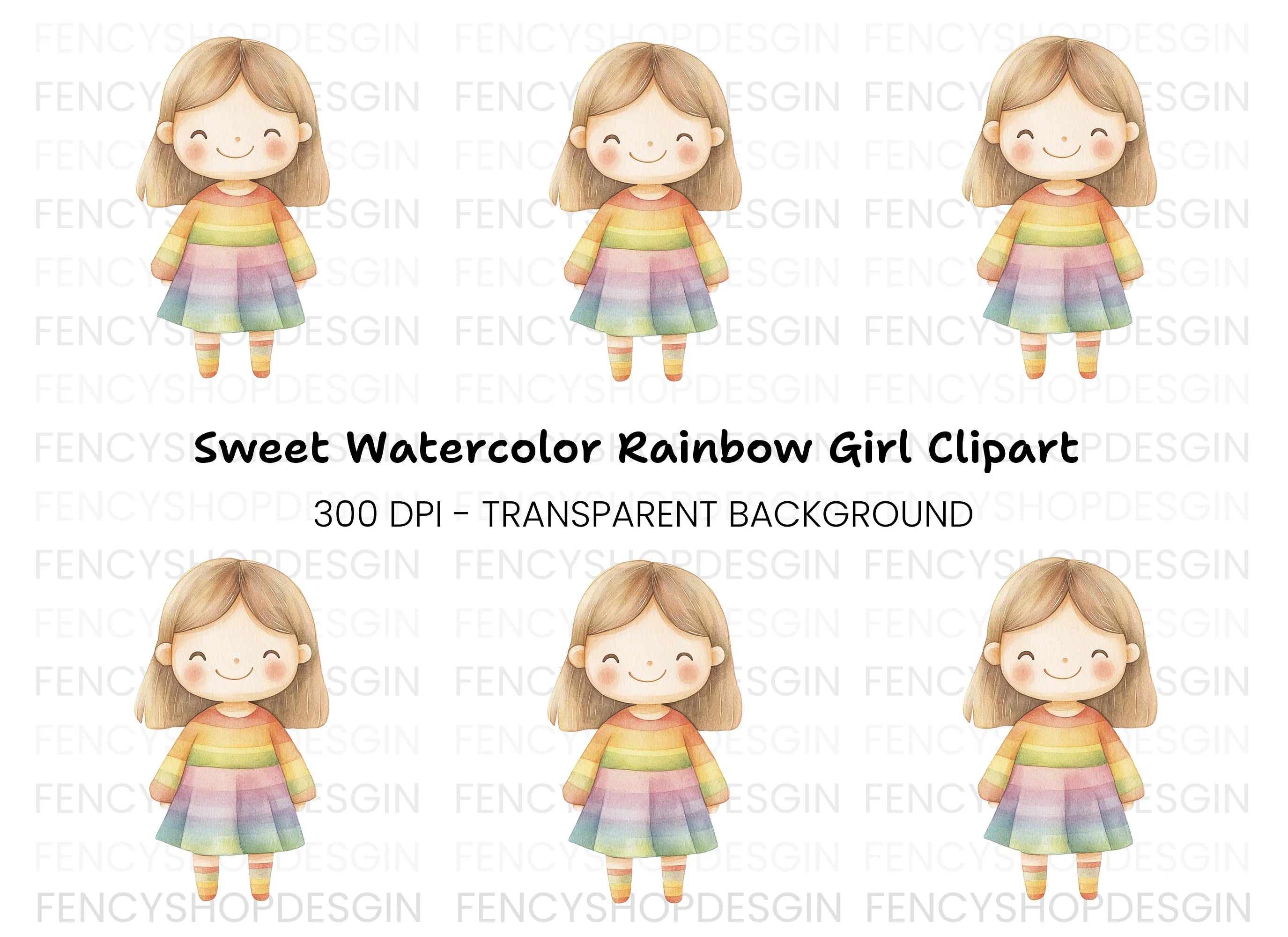 Sweet Girl in Rainbow Dress Clipart Bundle