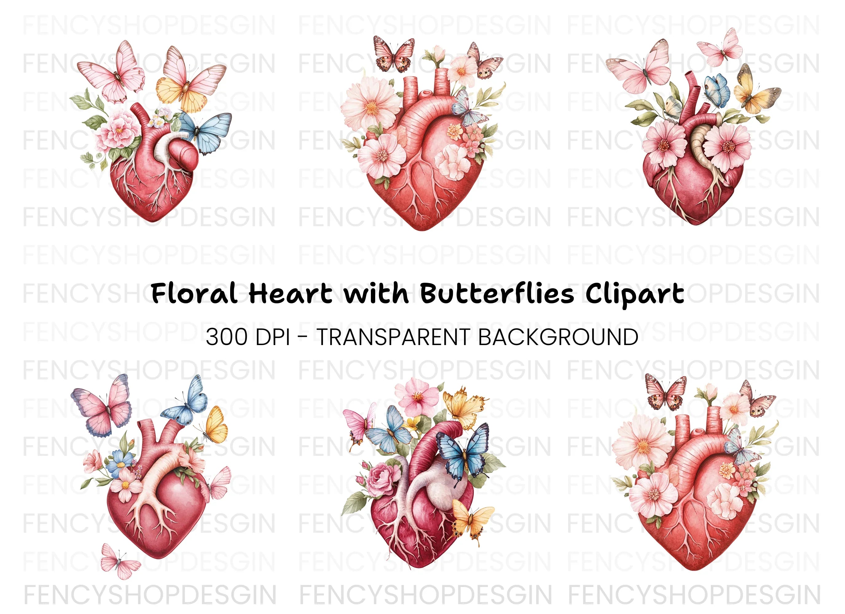 Anatomical Heart with Butterflies Clipart Bundle