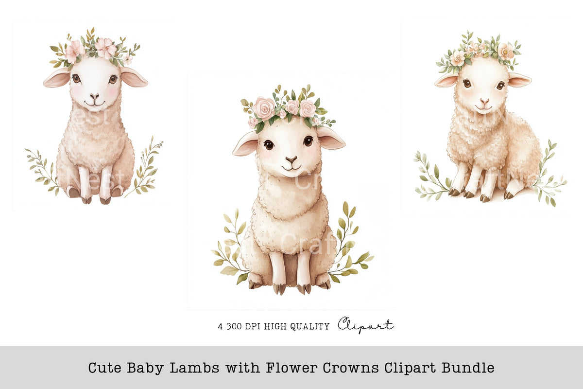 Cute Baby Lambs With Flower Crowns Clipart Bundle