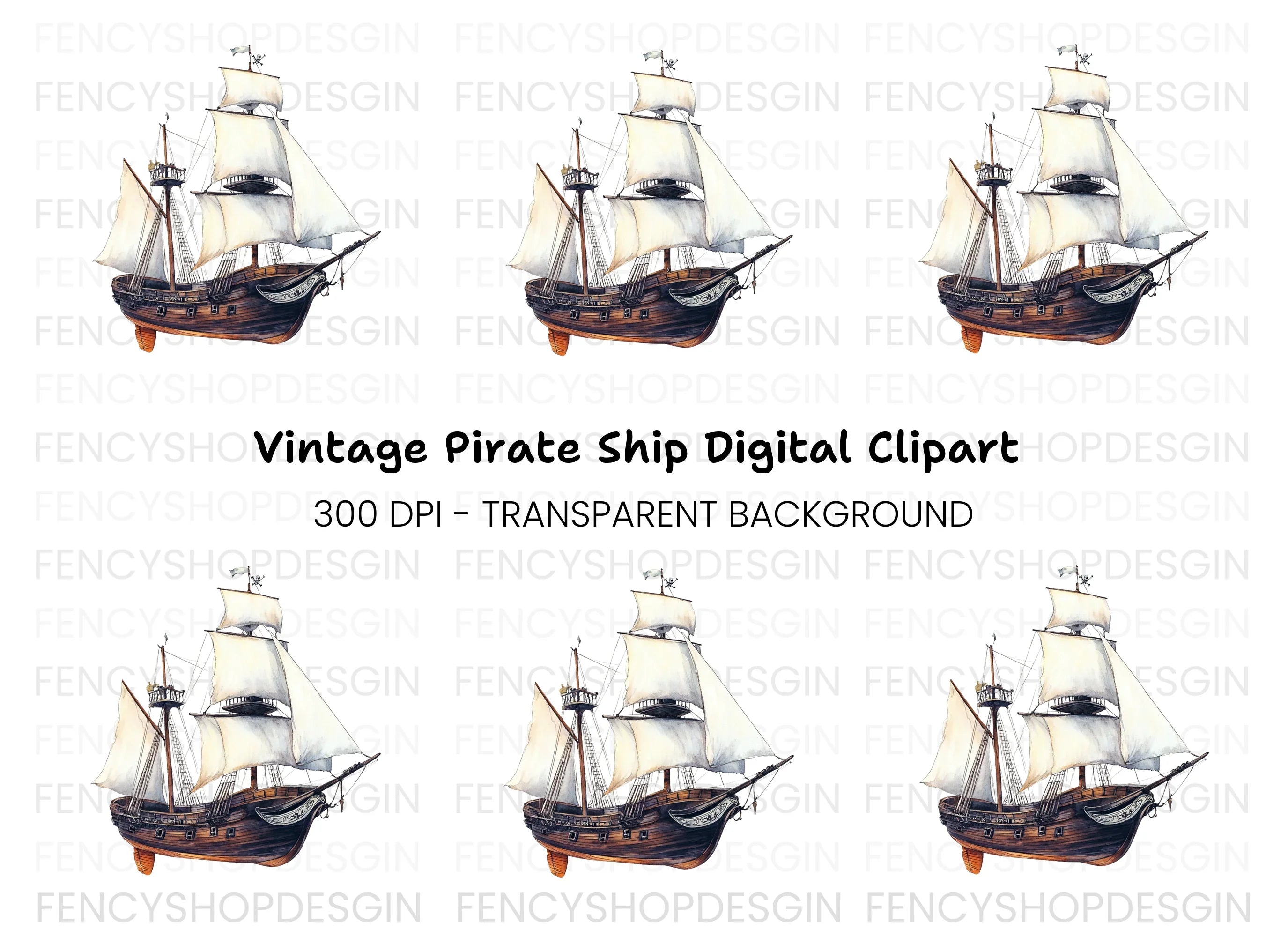Vintage Pirate Ship Clipart Bundle