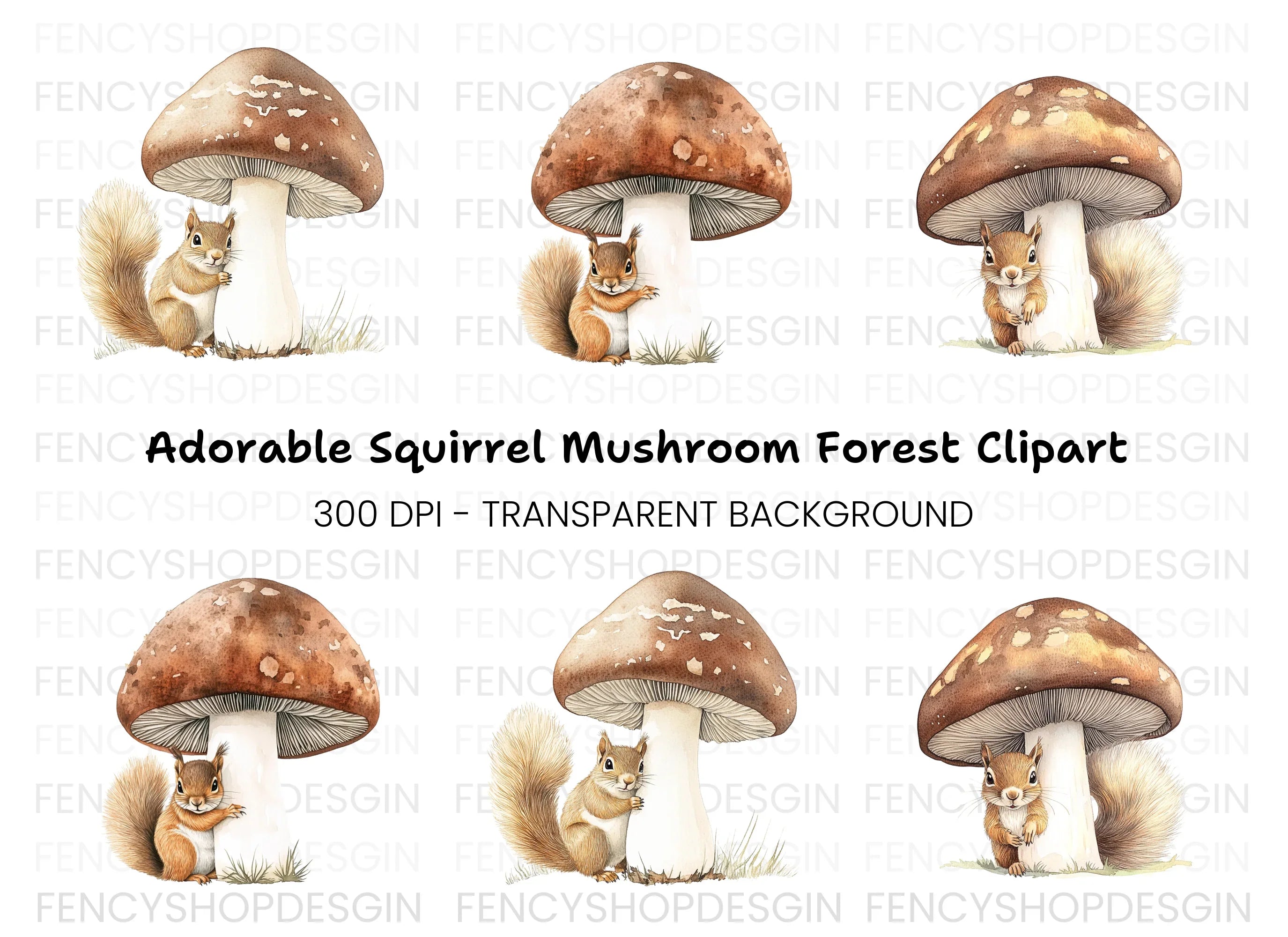 Cute Squirrels and Mushrooms Clipart Bundle