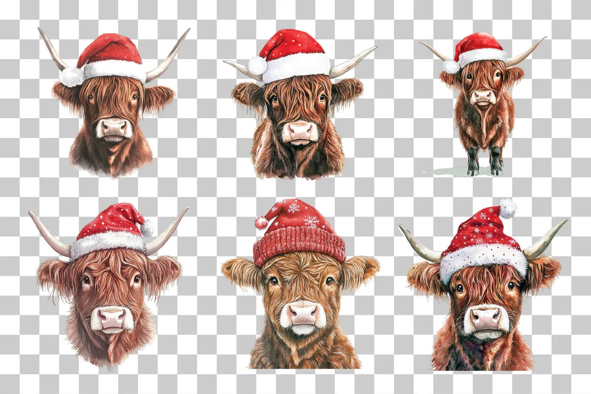 Christmas Highland Cow with Santa Hat Clipart Bundle - CraftNest - Digital Crafting and Art