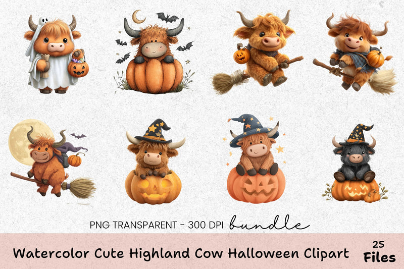 Cute Highland Cow Halloween Clipart Bundle - CraftNest - Digital Crafting and Art