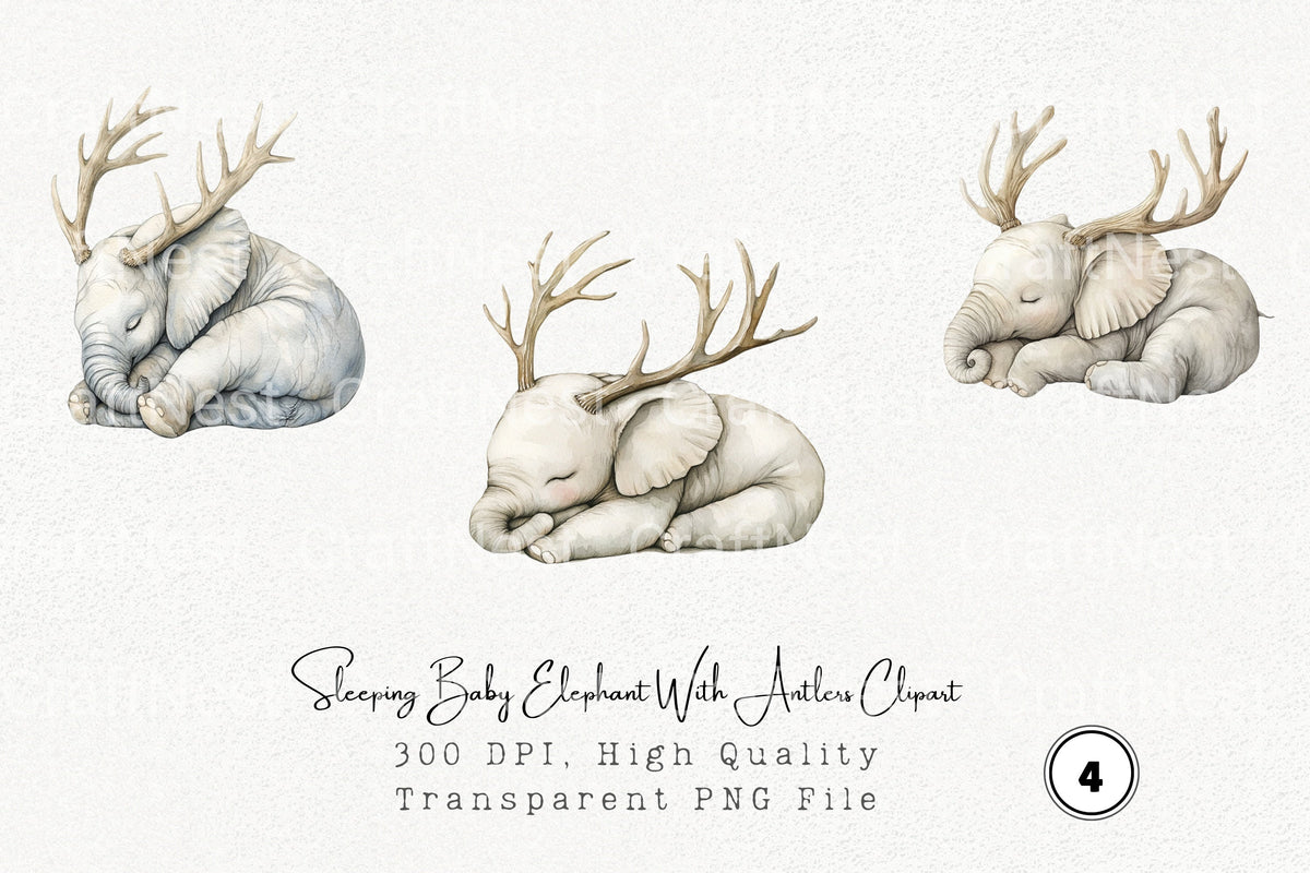 Sleeping Baby Elephant With Antlers Clipart Bundle