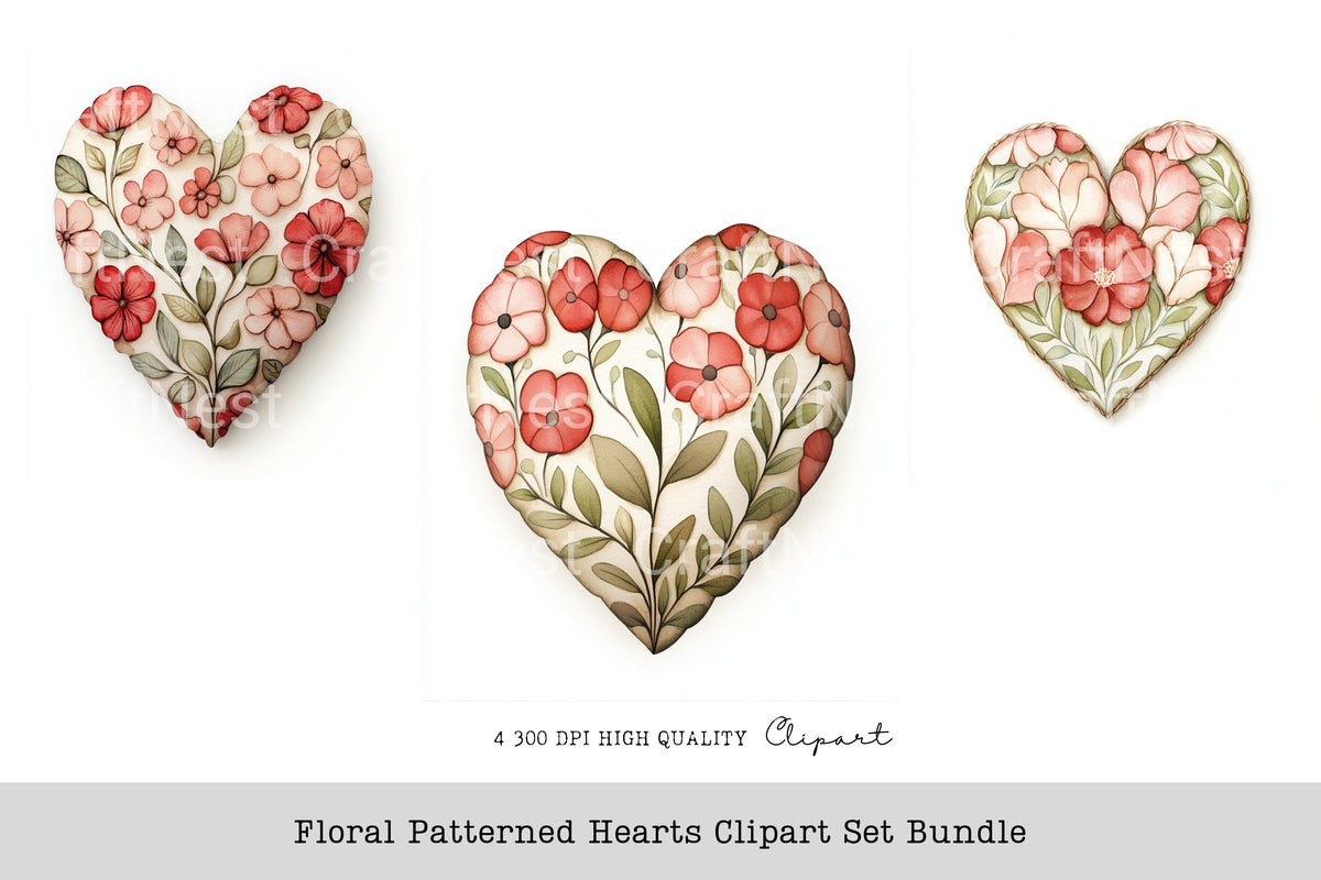 Floral Patterned Hearts Clipart Bundle