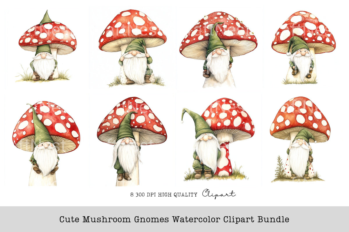 Cute Mushroom Gnomes Clipart Bundle