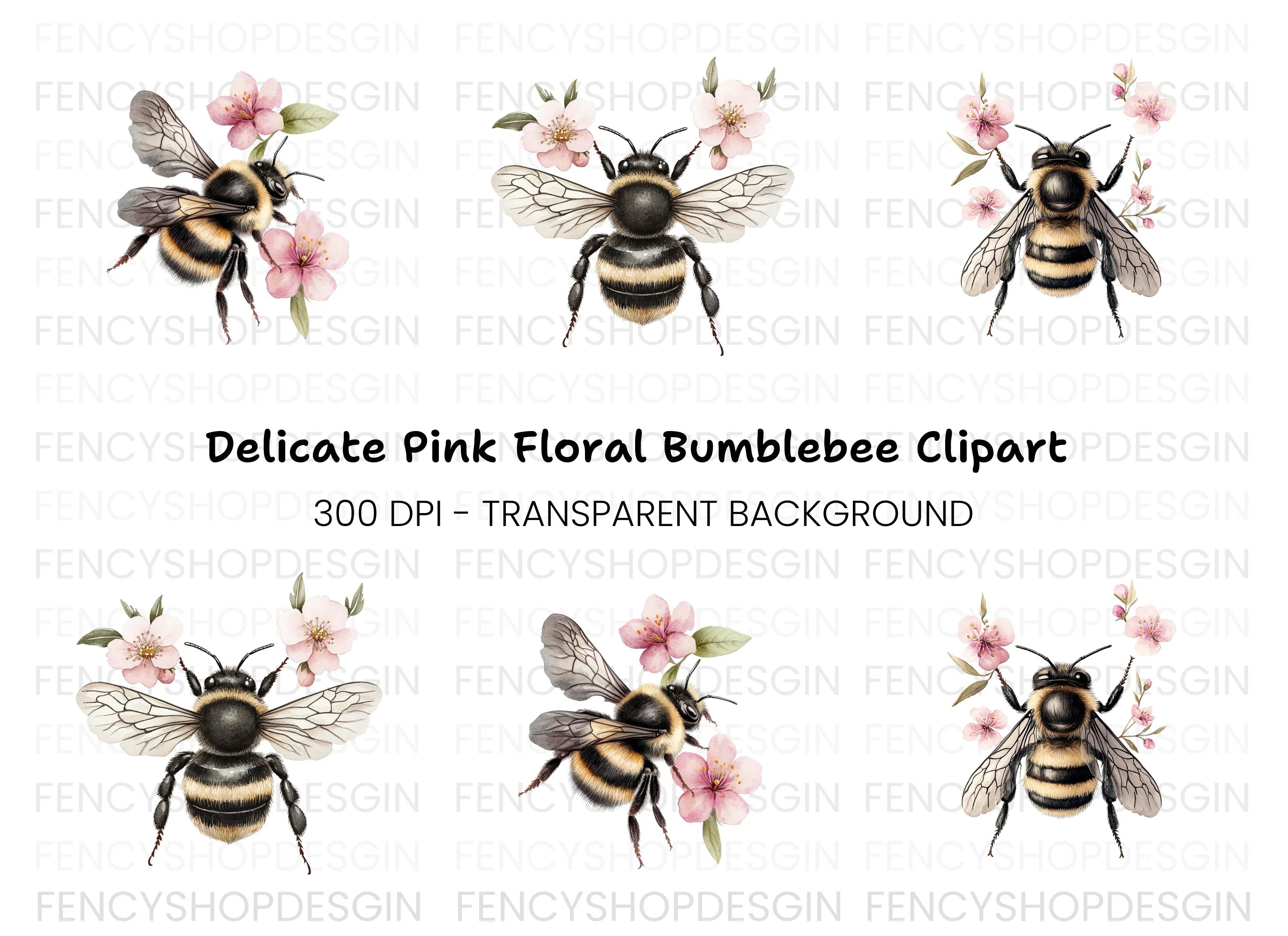 Bumblebee and Pink Flowers Clipart Bundle