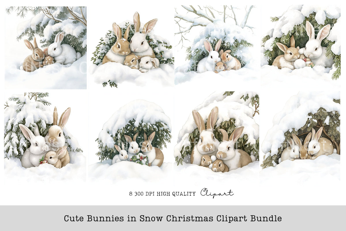 Cute Bunnies In Snow Christmas Clipart Bundle