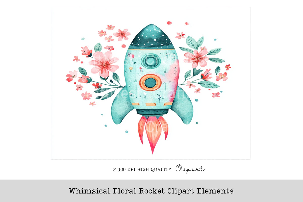 Whimsical Floral Rocket Elements Clipart Bundle